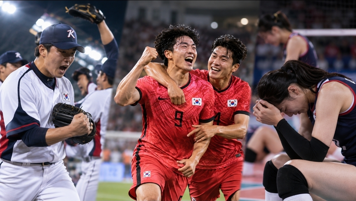 야구는 ‘팀 퍼펙트’, 축구는 조 1위 8강…한국 구기종목 엇갈린 밤